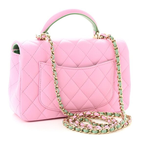 Authentic CHANEL Lambskin Quilted Mini Top Handle Rectangular Flap Lilac Green - Picture 3 of 13